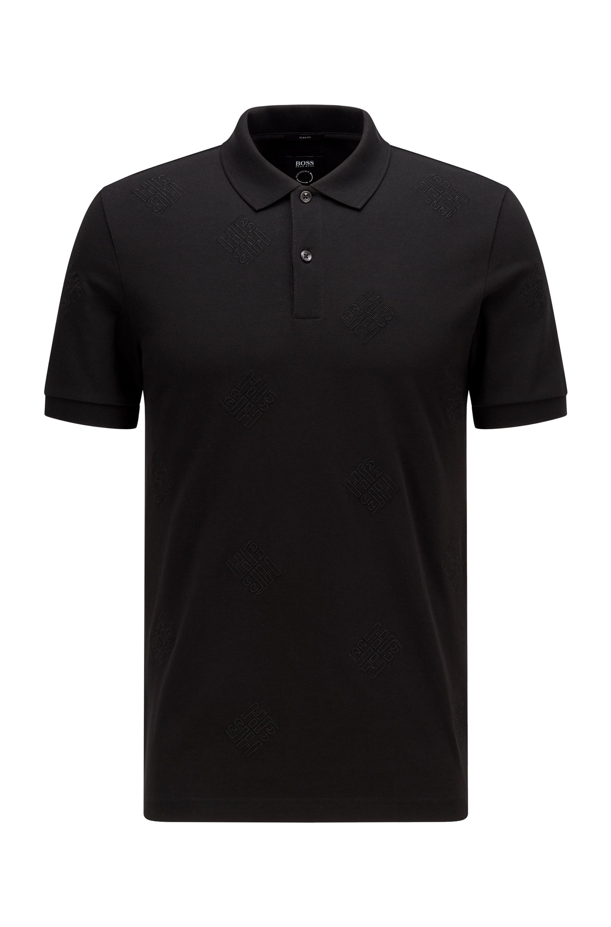Slim-fit polo shirt with embroidered-monogram motif, Black