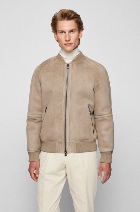 Shearling-leather bomber jacket in a regular fit, Light Brown