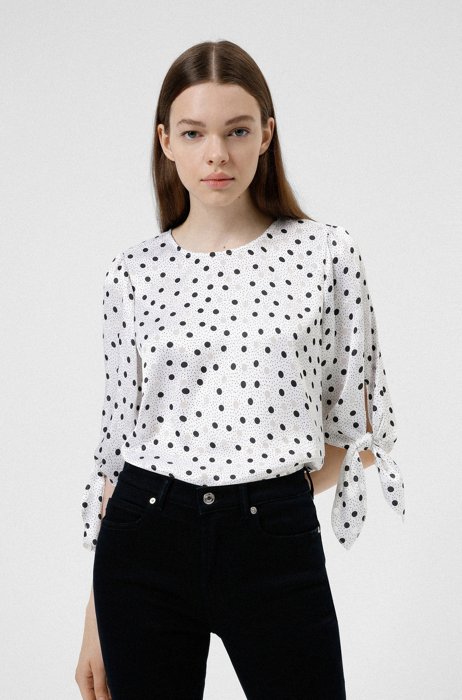 Dot-print top with tie-up sleeves, Patterned