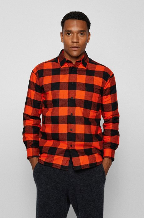 Oversized-fit overshirt in checked cotton flannel, Orange Patterned