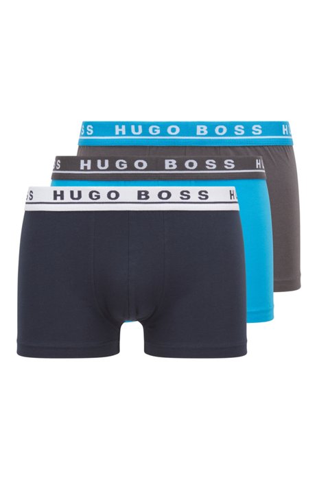 Three-pack of stretch-cotton trunks with logo waistbands, Black / Grey / Blue