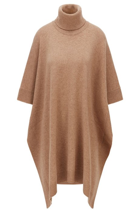 Turtleneck poncho in virgin wool and cashmere, Light Brown