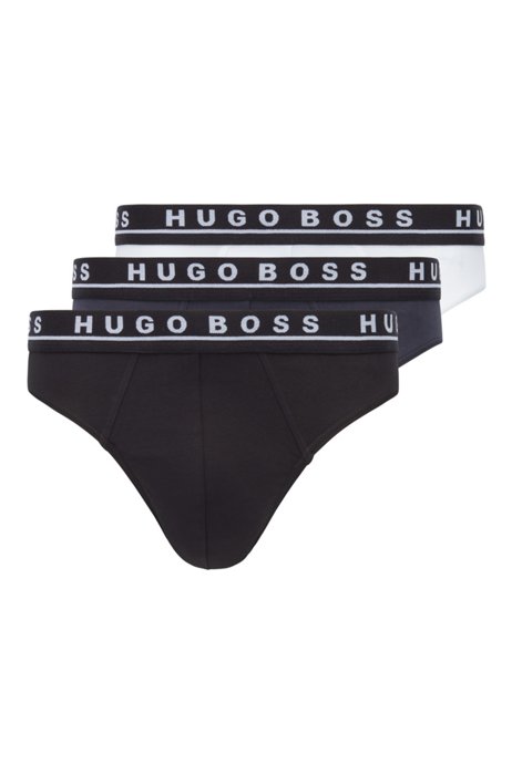 Three-pack of stretch-cotton briefs with logo waistbands, White / Grey / Black