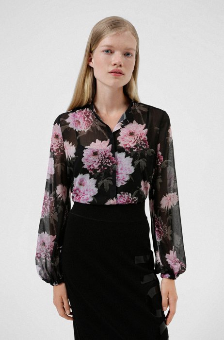 Dahlia-print regular-fit blouse in recycled material, Patterned