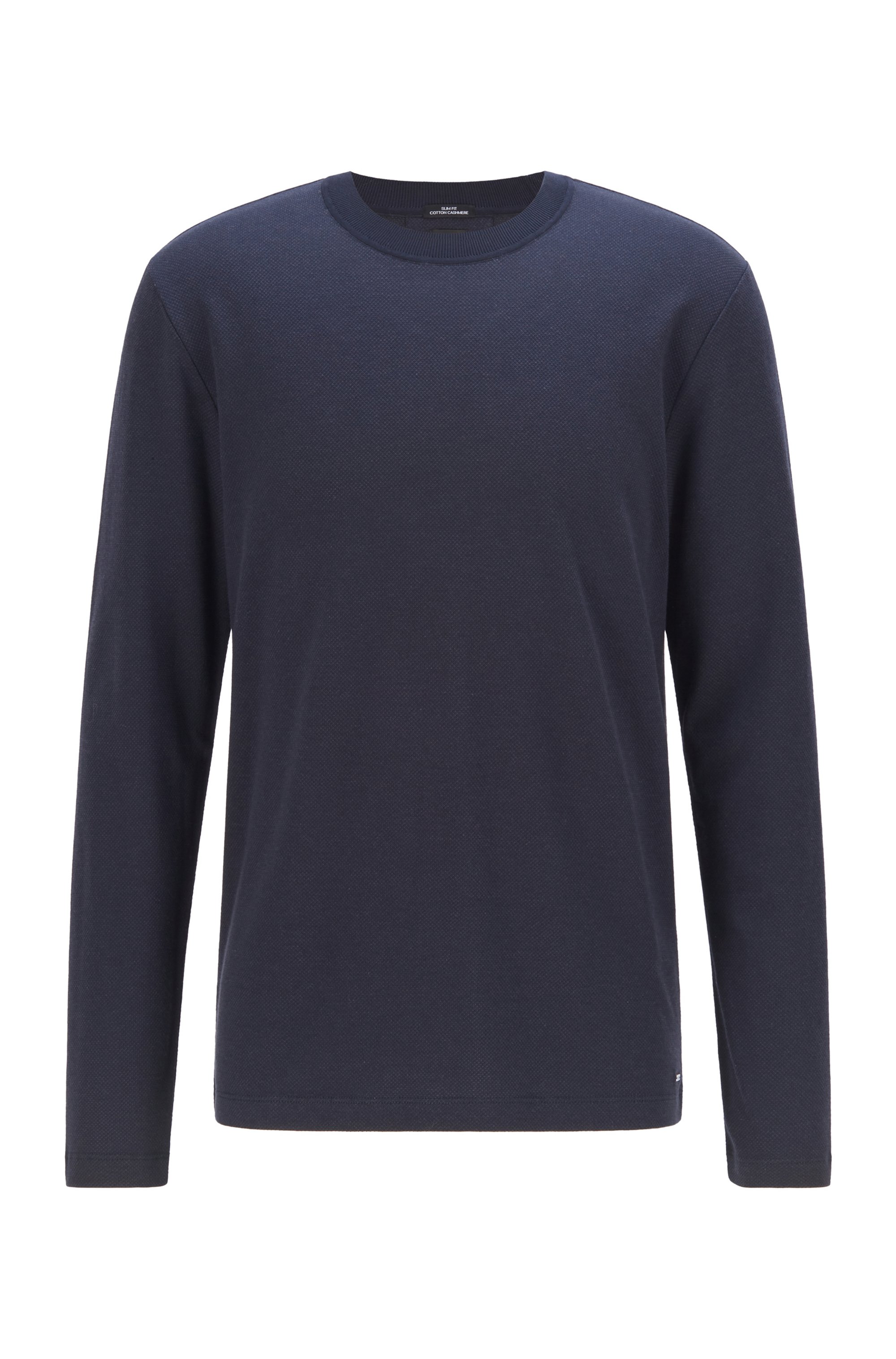 Slim-fit long-sleeved T-shirt in cotton and cashmere, Dark Blue