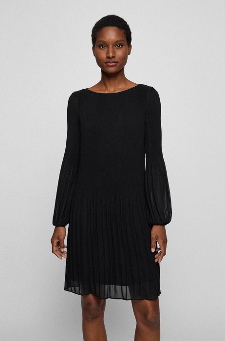 Long-sleeved plissé dress in a slim fit, Black