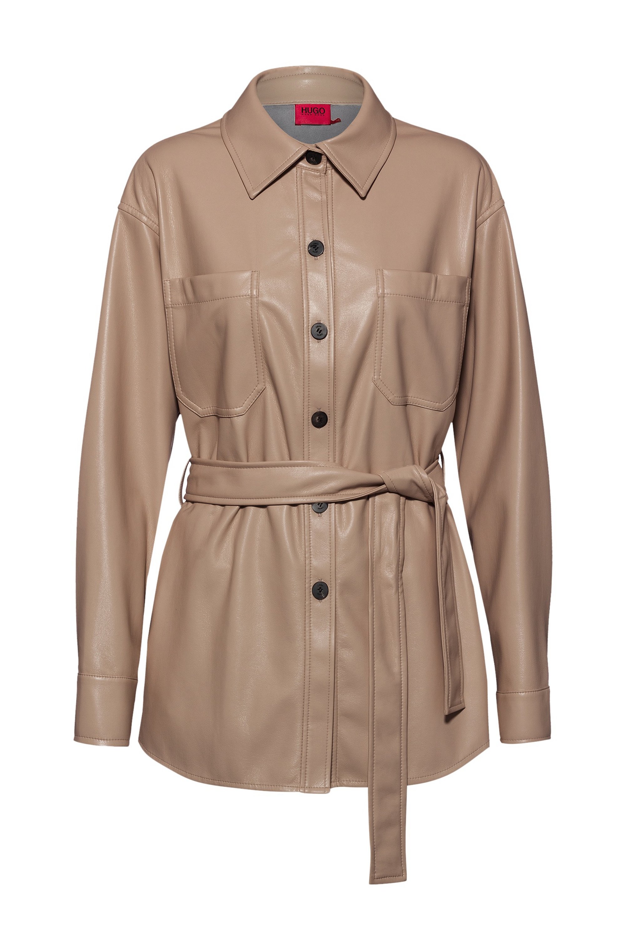 Relaxed-fit shirt jacket in faux leather, Light Beige