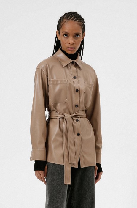Relaxed-fit shirt jacket in faux leather, Light Beige