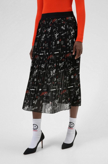 Plissé midi skirt with scribble print, Patterned