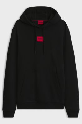 Felpa con cappuccio in terry di cotone con etichetta con logo, Nero