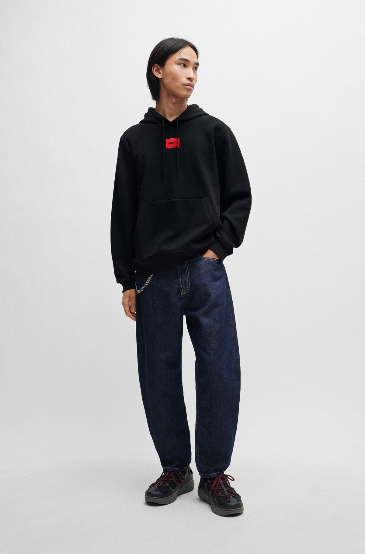 Cotton-terry hoodie with logo label, Black