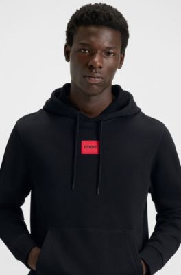 Felpa in terry di cotone con cappuccio ed etichetta con logo, Nero
