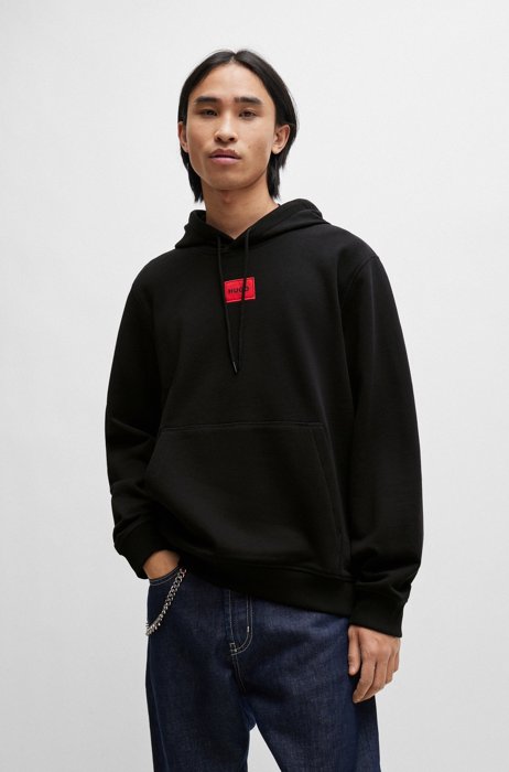 Hooded sweatshirt in terry cotton with red logo label, Black