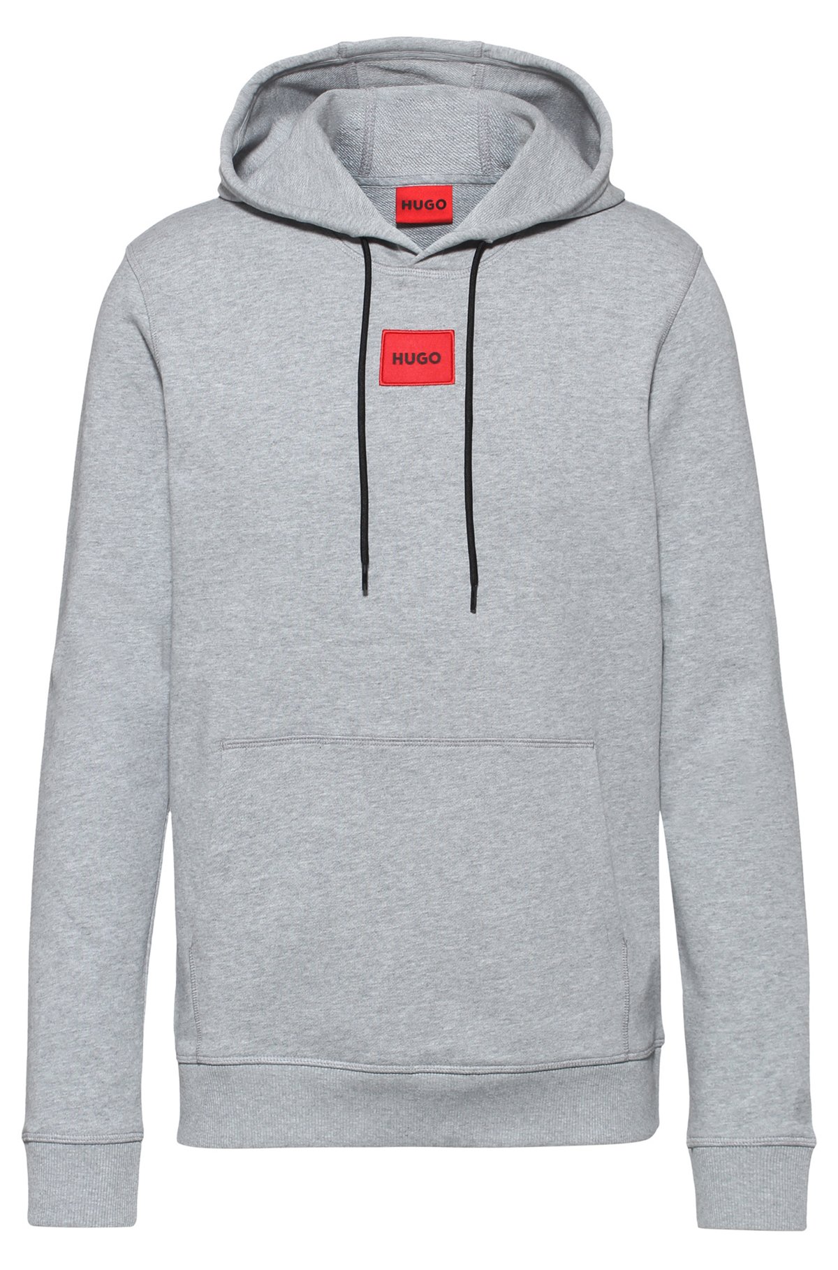 Hooded sweatshirt in terry cotton with red logo label, Dark Grey