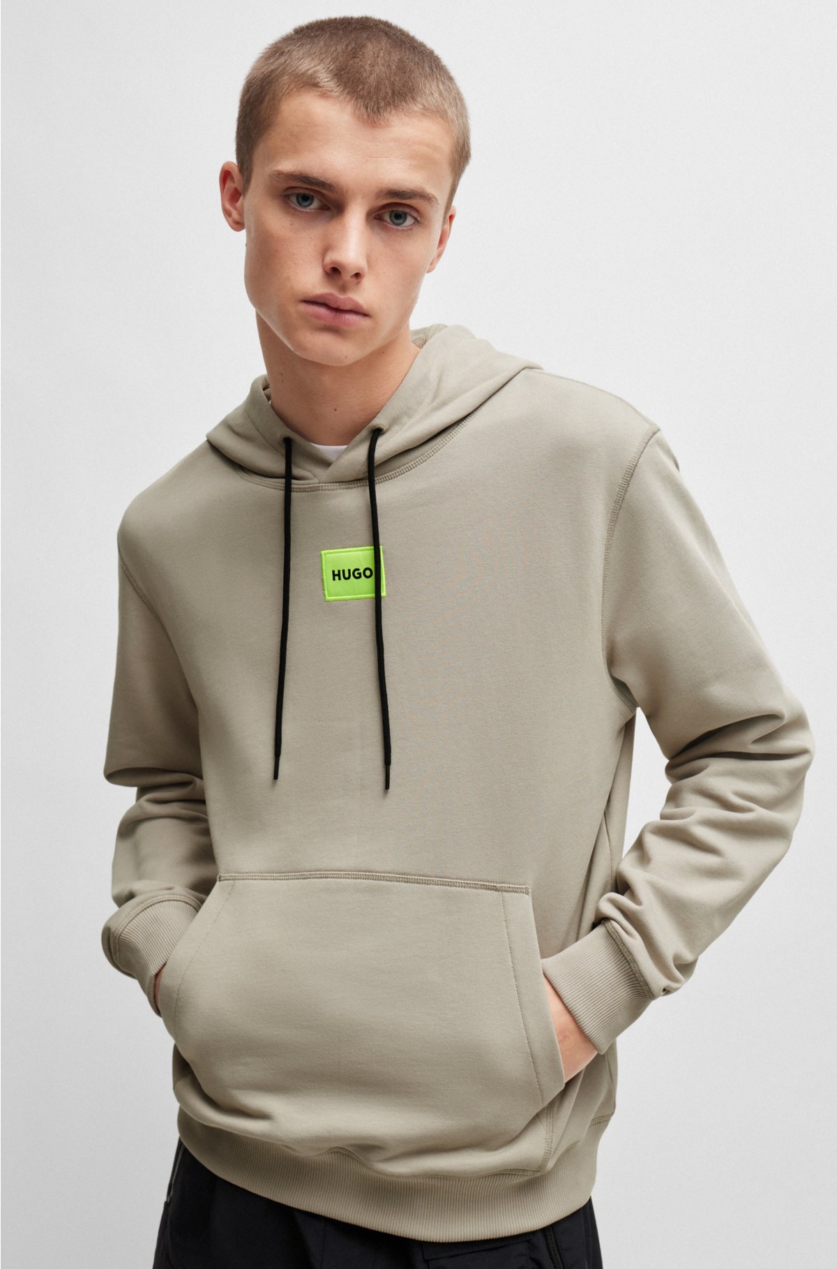 Cotton-terry hoodie with logo label, Light Grey