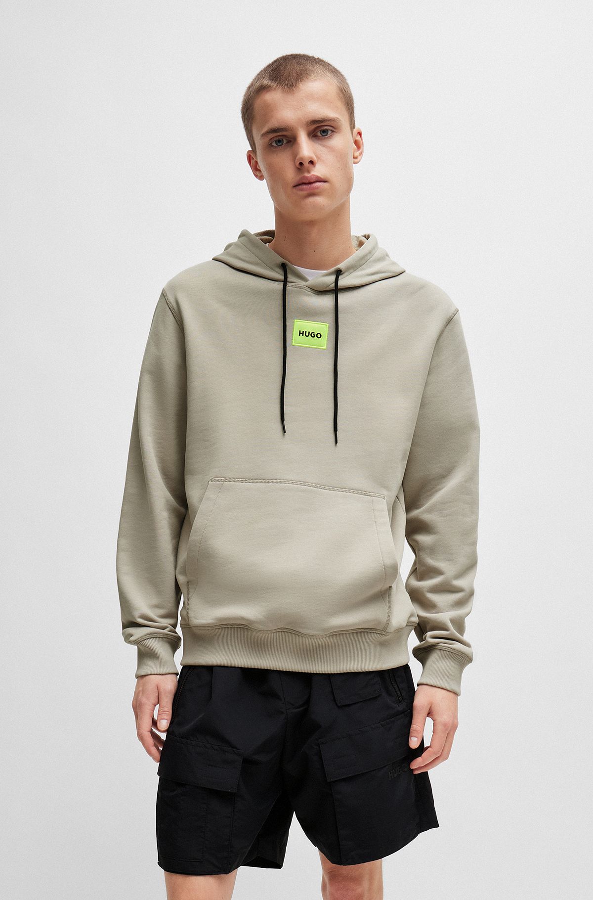 Cotton-terry hoodie with logo label, Light Grey