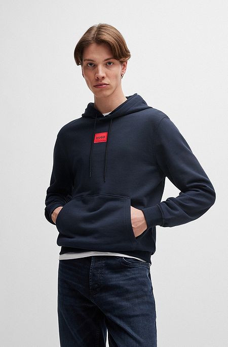 Cotton-terry regular-fit hoodie with logo label, Dark Blue