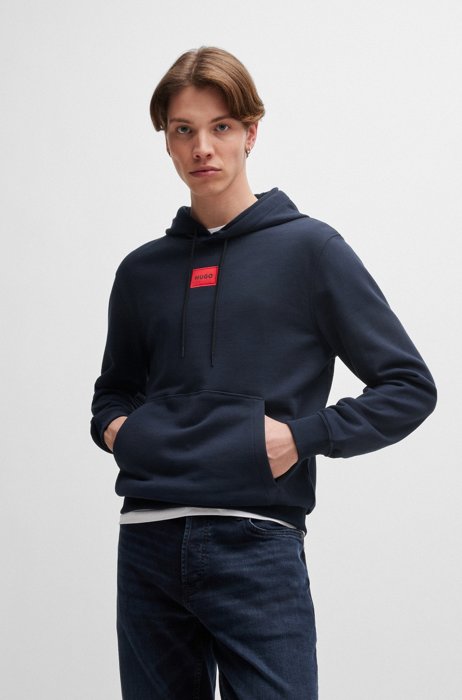 Hooded sweatshirt in terry cotton with red logo label, Dark Blue