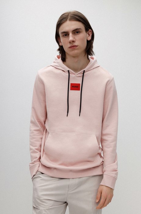Hooded sweatshirt in terry cotton with red logo label, light pink