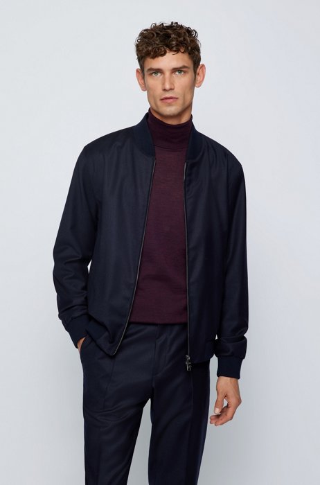 Zip-up slim-fit jacket in stretch wool flannel, Dark Blue