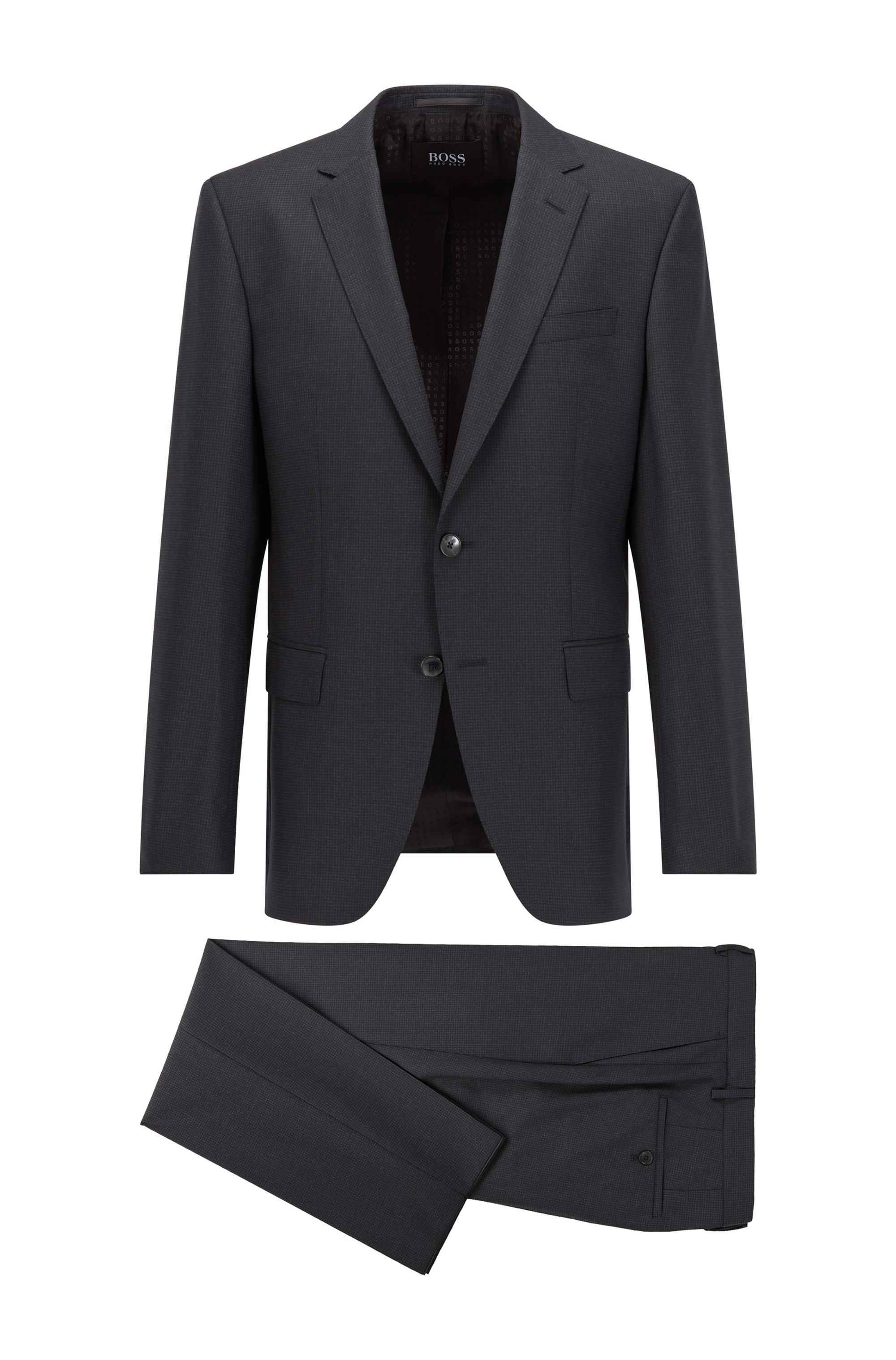 Patterned slim-fit suit in responsible virgin wool, Black