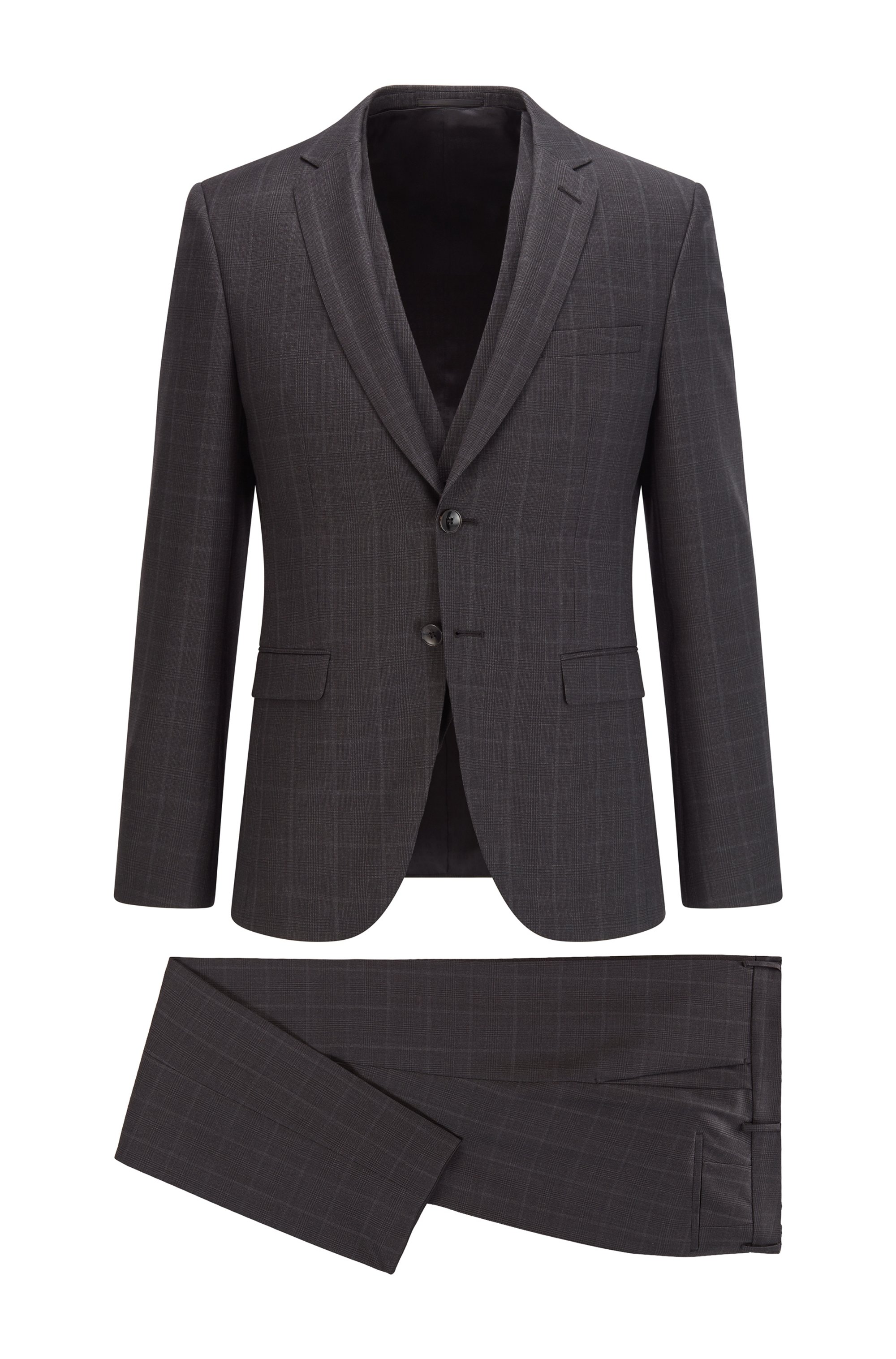 Three-piece extra-slim-fit suit in checked virgin wool, Dark Grey