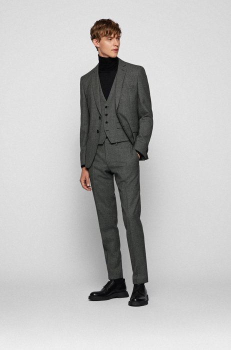 Three-piece extra-slim-fit suit in houndstooth virgin wool, Dark Grey
