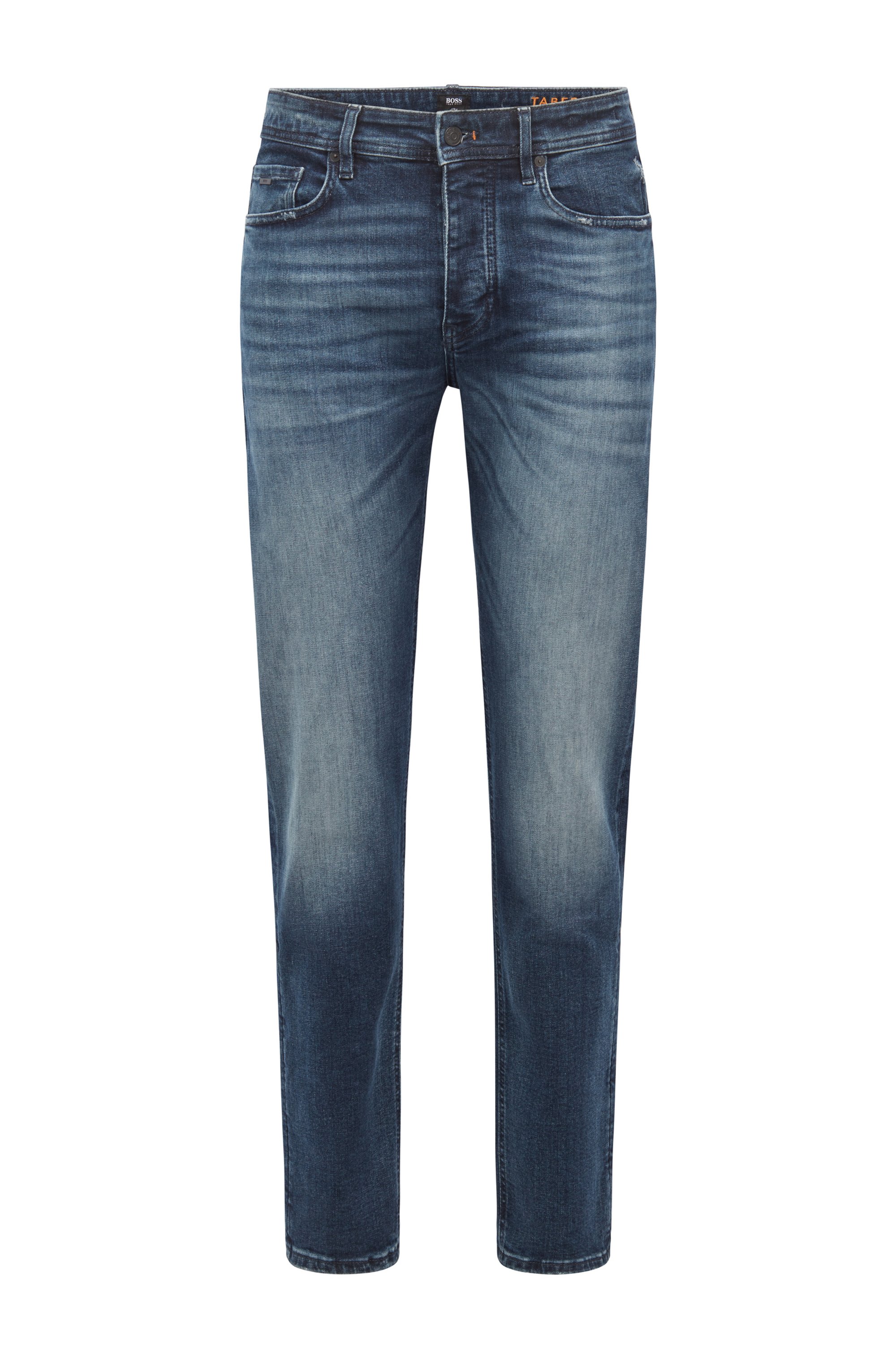 Tapered-fit jeans in dark-blue Italian stretch denim, Dark Blue