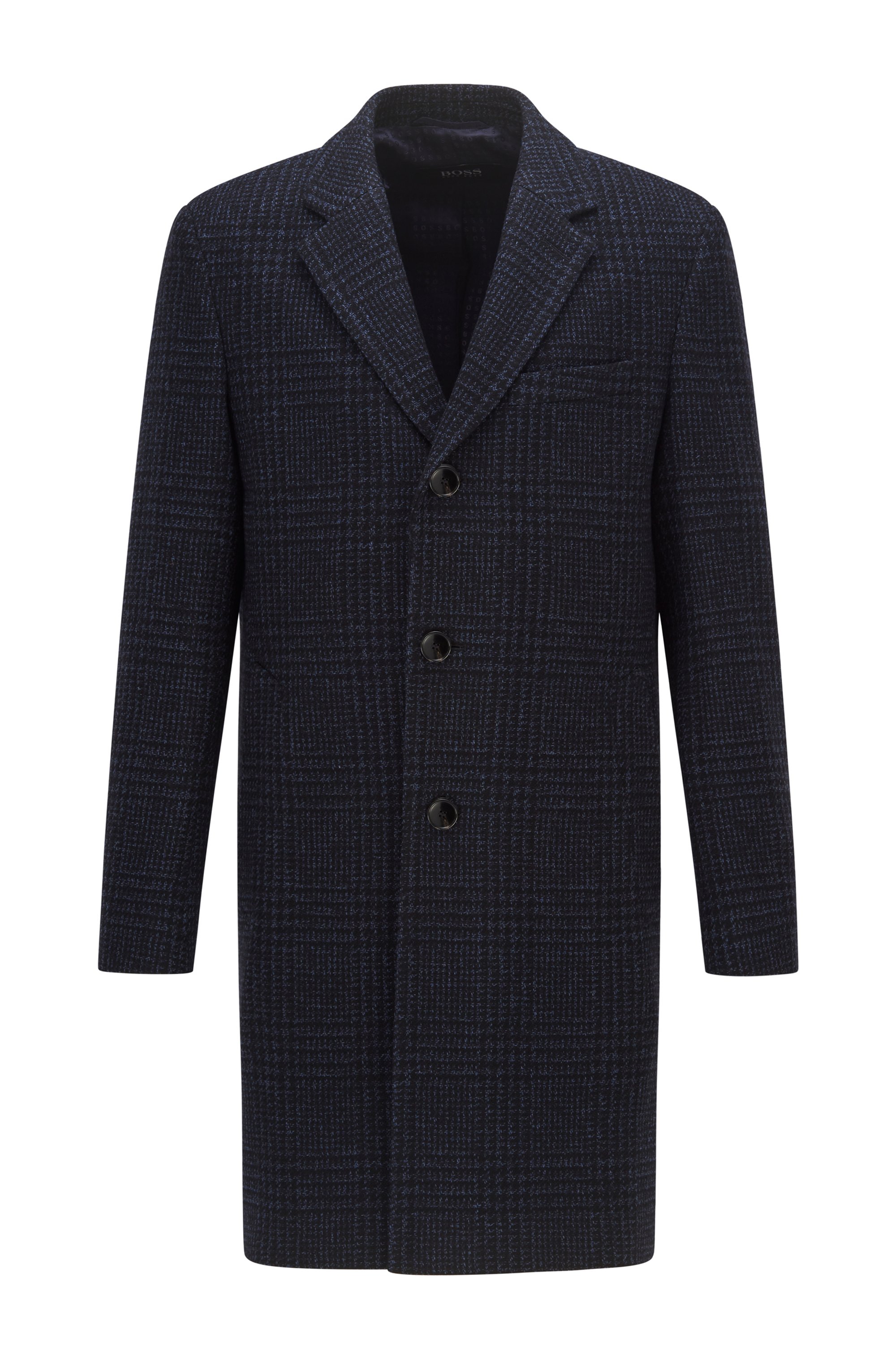 Slim-fit formal coat in checked fabric, Dark Blue