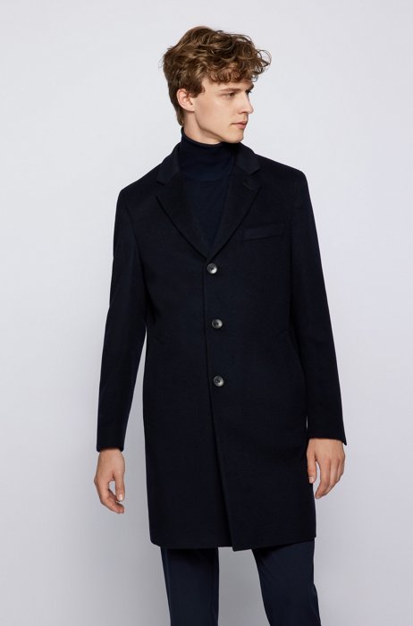 Cappotto slim fit in lana vergine con cashmere, Blu scuro