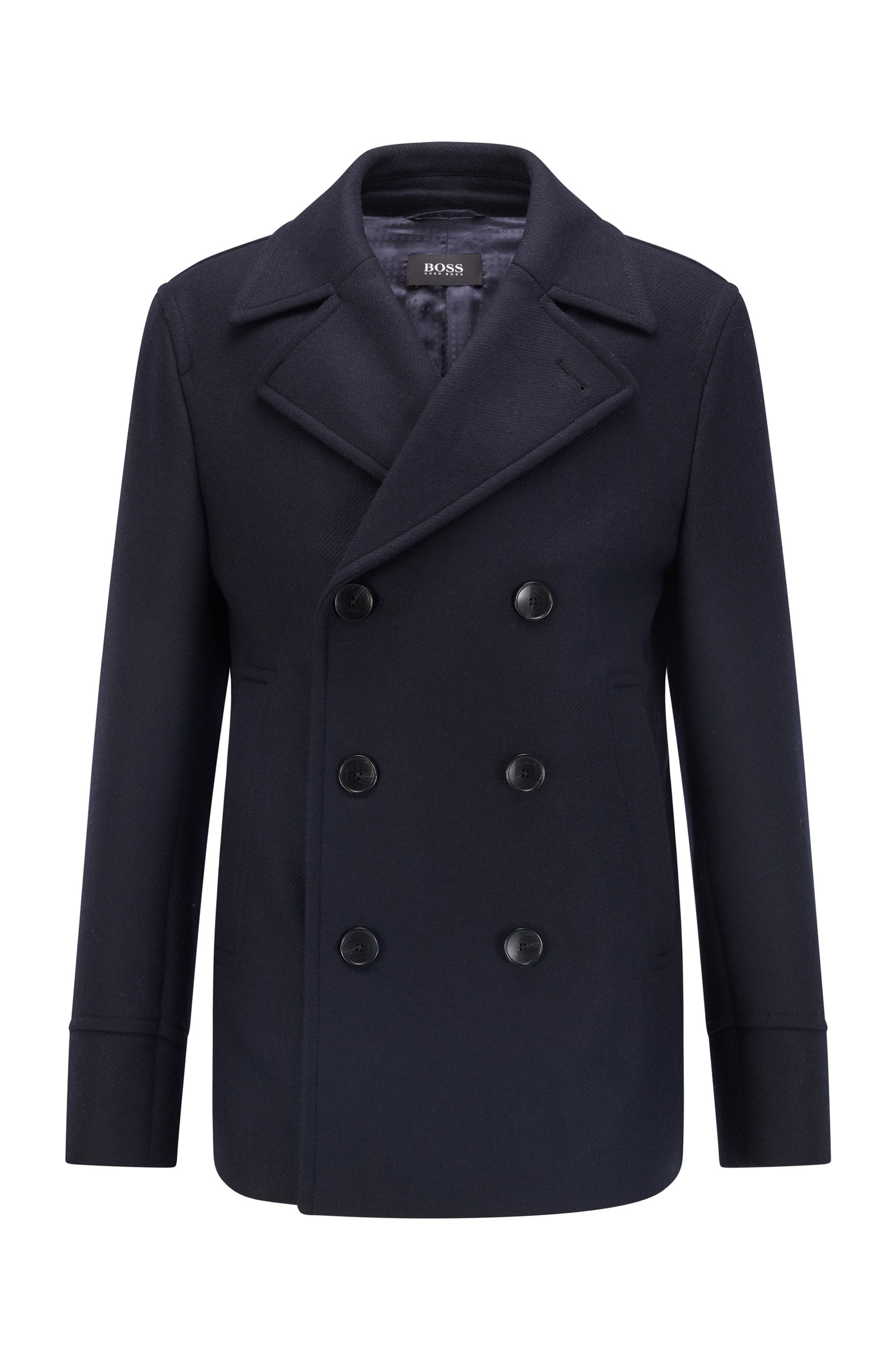 Slim-fit pea coat in a wool blend, Dark Blue