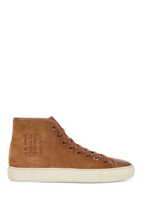 Italian-made suede trainers with monogram and rubber sole, Light Brown