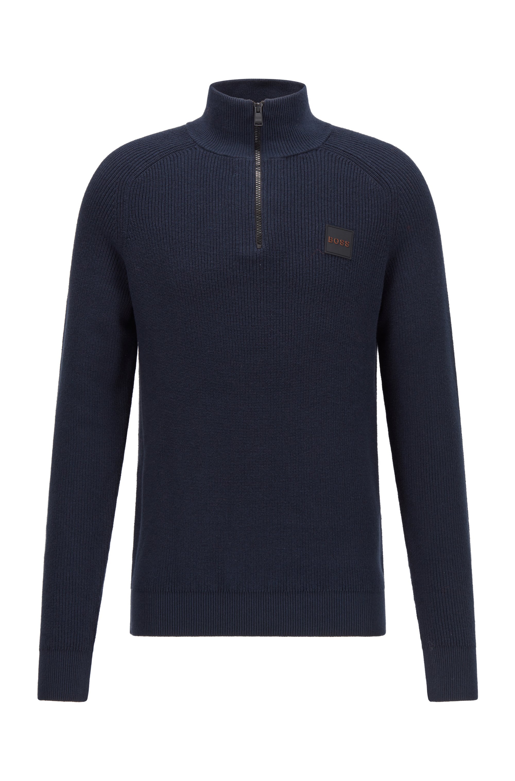 Cotton-blend zip-neck sweater with logo badge, Dark Blue