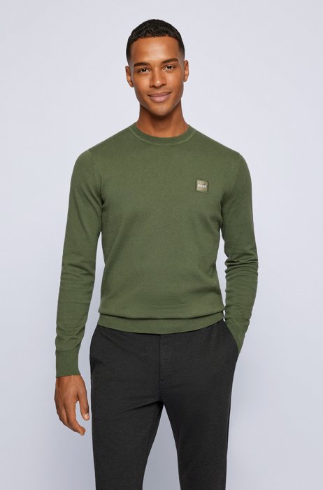 Maglione in cotone e cashmere con targhetta con logo, Verde