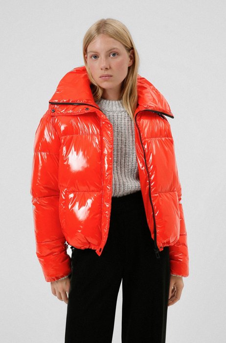Glossy relaxed-fit padded jacket with interior backpack straps, Red