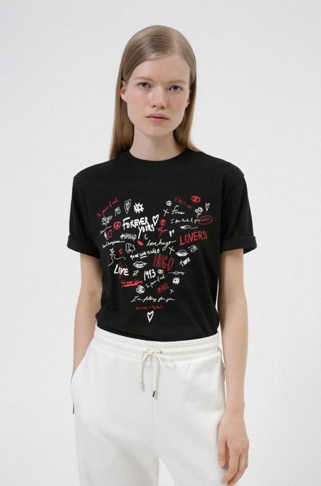 Organic-cotton T-shirt with heart-shaped scribble print, Black