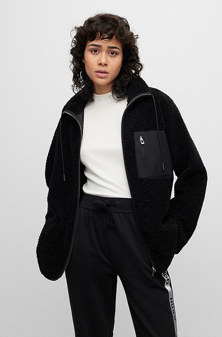 Relaxed-fit zip-up jacket in faux teddy, Black