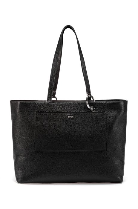 Grained-leather shopper bag with hardware logo, Black