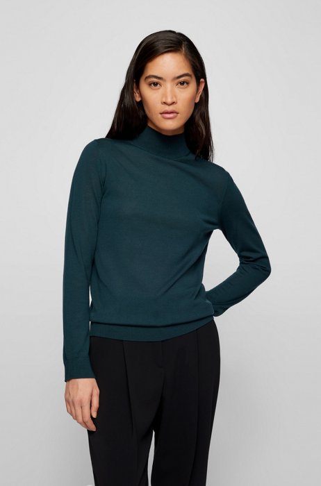Mock-neck sweater in superfine merino wool, Dark Green