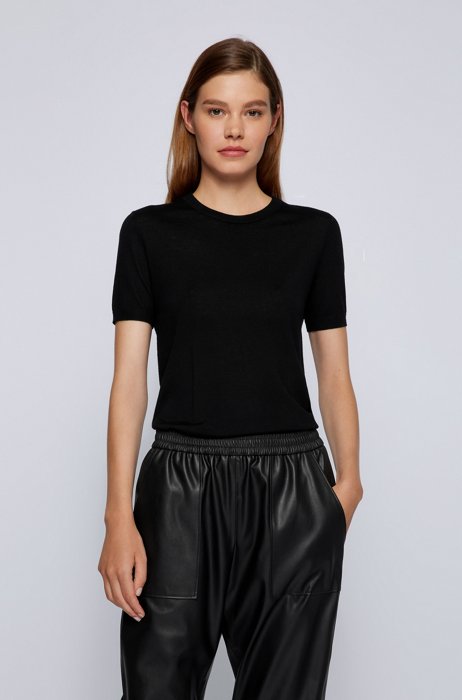 Short-sleeved sweater in super-fine merino wool, Black