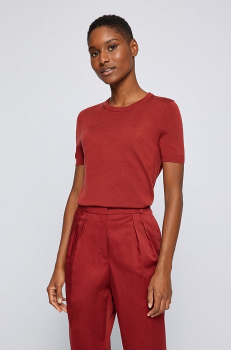 Short-sleeved sweater in super-fine merino wool, Dark Red
