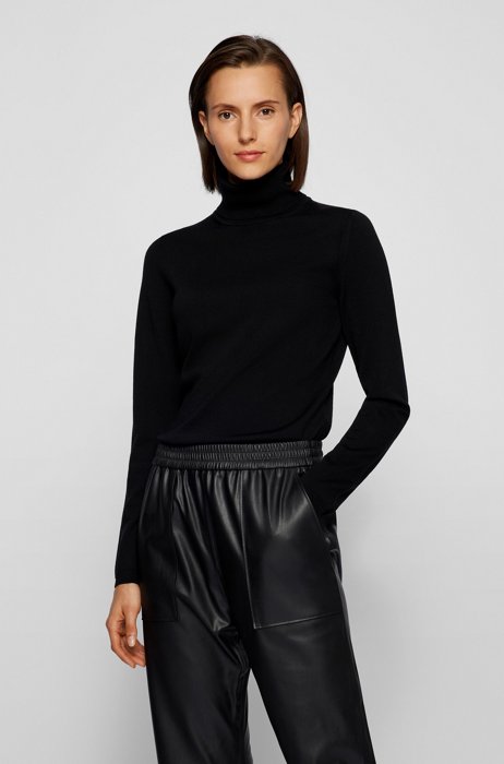 Slim-fit rollneck sweater in superfine merino wool, Black