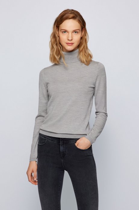 Slim-fit rollneck sweater in superfine merino wool, Silver