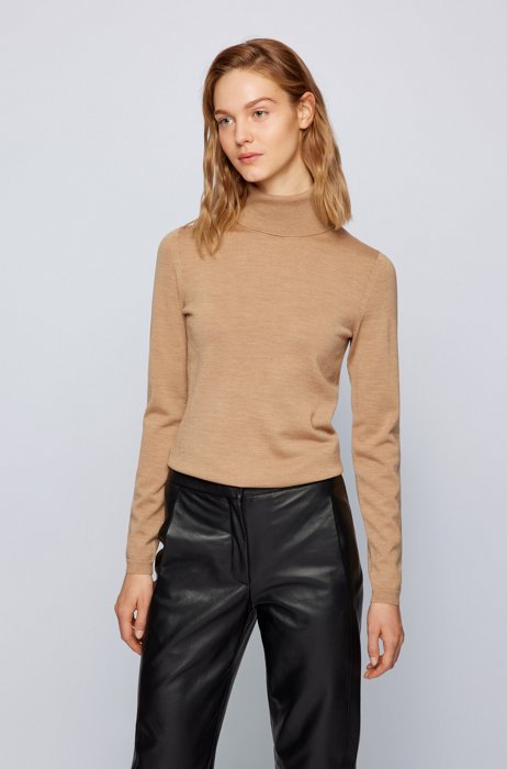 Slim-fit rollneck sweater in superfine merino wool, Light Brown