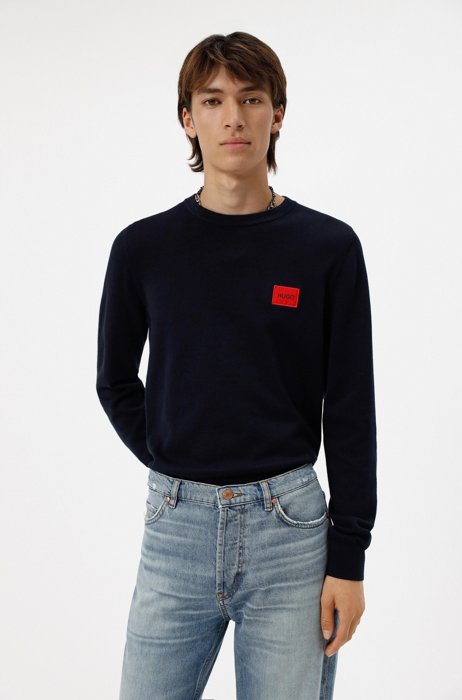 Crew-neck sweater in cotton with red logo label, Dark Blue