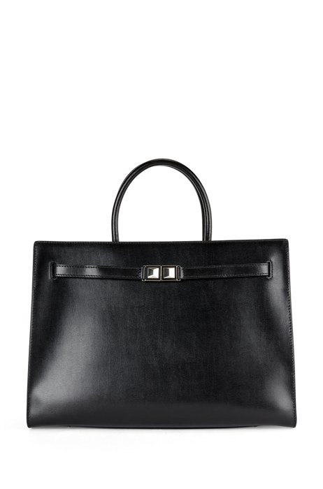 Structured-leather tote bag with signature hardware, Black
