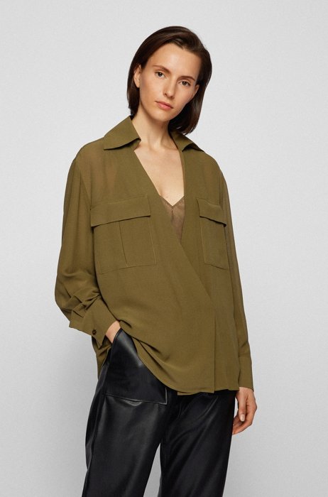 Relaxed-fit blouse in washed silk with camisole, Dark Green
