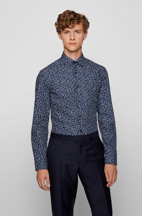 Slim-fit shirt in printed cotton poplin, Dark Blue