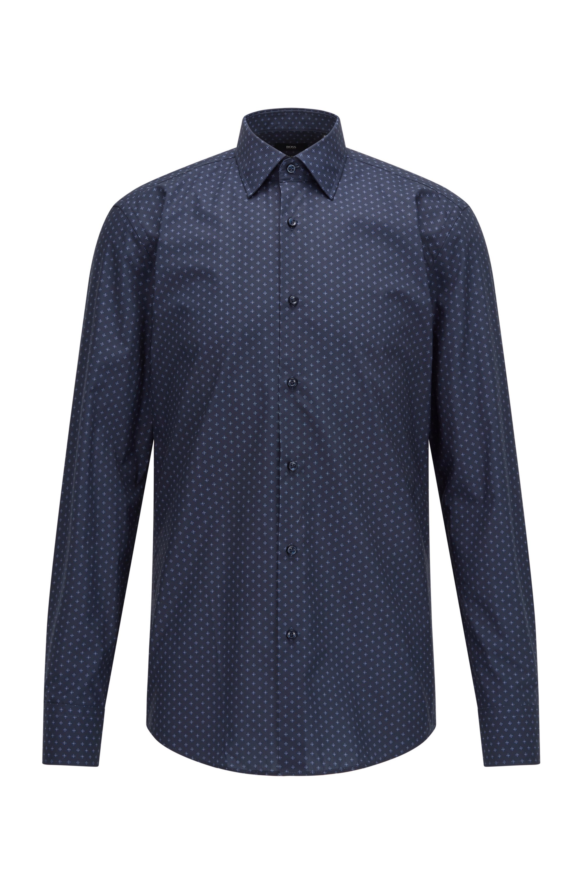Slim-fit shirt in printed cotton poplin, Dark Blue