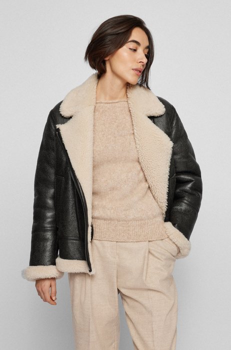 Relaxed-fit aviator jacket in leather with shearling inner, Black